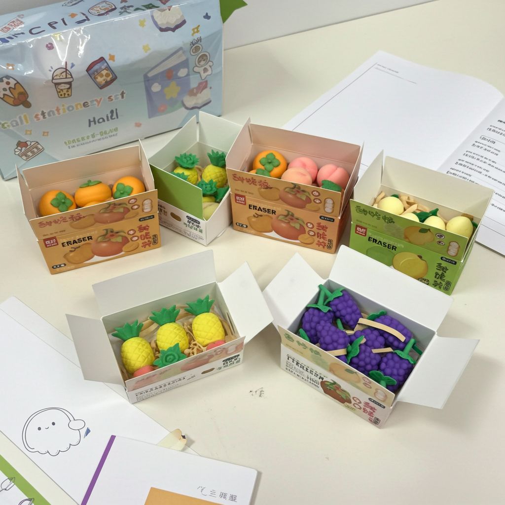 Cute Fruit Shape Eraser Set in Storage BoxErasersCRAFTY CUDDLESet of fruit - shaped erasers in small cardboard boxes on a table.1 BoxFruitErasers CuteStationery KidsStationery KawaiiStationery ReturnGiftIdeas SchoolSupplies StationeryAddict NoveltyErasers BackToSchool StationeryLovers