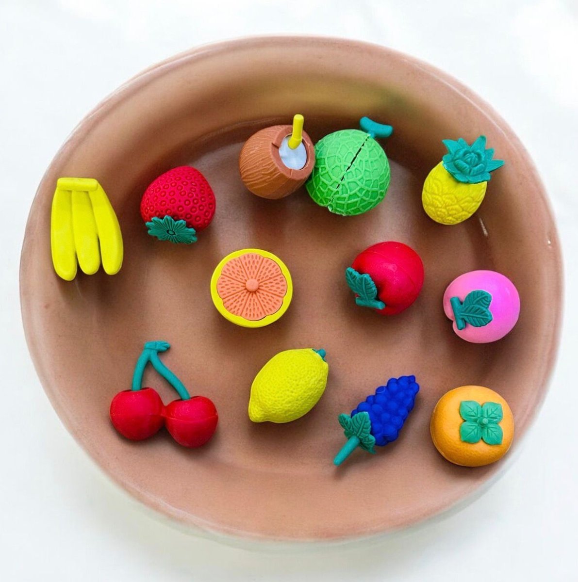 Cute Fruit Shape Eraser Set in Storage BoxErasersCRAFTY CUDDLEColorful fruits and vegetables erasers on a brown plate1 BoxFruitErasers CuteStationery KidsStationery KawaiiStationery ReturnGiftIdeas SchoolSupplies StationeryAddict NoveltyErasers BackToSchool StationeryLovers