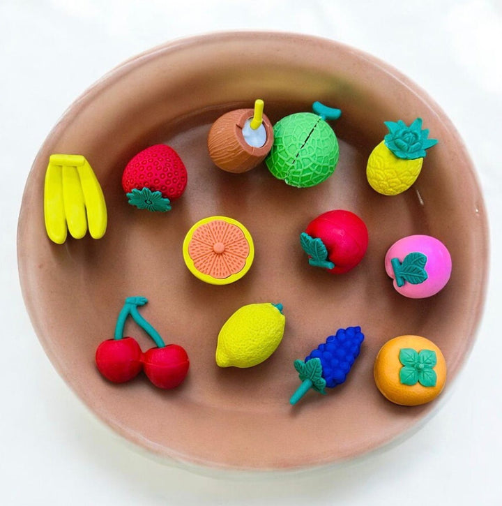 Cute Fruit Shape Eraser Set in Storage BoxErasersCRAFTY CUDDLEColorful fruits and vegetables erasers on a brown plate1 BoxFruitErasers CuteStationery KidsStationery KawaiiStationery ReturnGiftIdeas SchoolSupplies StationeryAddict NoveltyErasers BackToSchool StationeryLovers