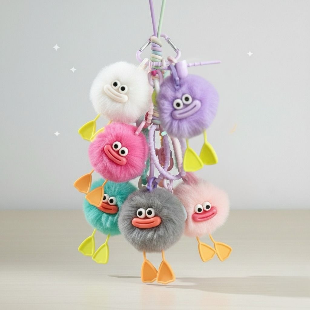 Cute Furry Luggage Tag KeychainKeychainsCRAFTY CUDDLEColorful plush keychain with cartoonish faces on a light gray backgroundPurpleLuggageTag TravelAccessories CuteKeychain BagCharm TravelEssentials PomPomKeychain KawaiiAccessories SuitcaseTag GiftIdeas TrendingNow