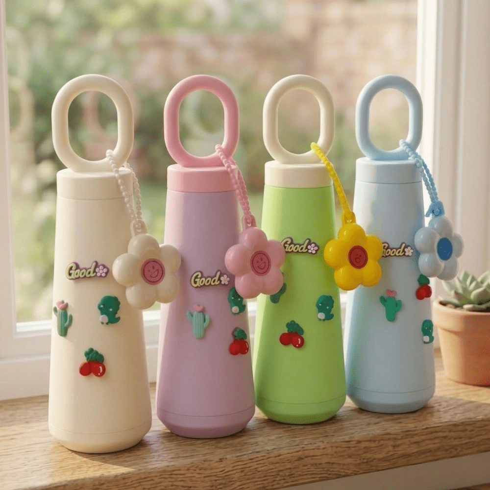 Cute Glass Water Bottle with HandleCartoon Kids Water BottleCrafty CuddleFour colorful water bottles with decorative elements on a wooden surface.White