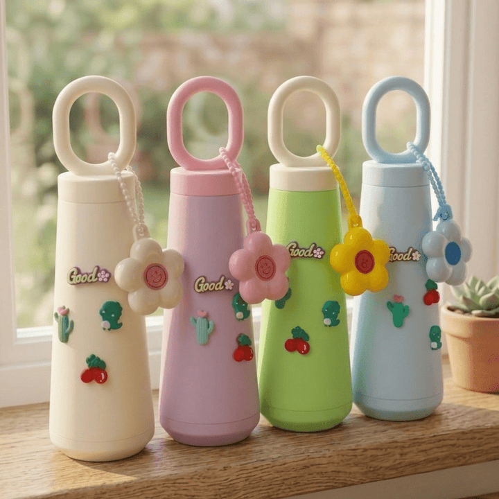 Cute Glass Water Bottle with HandleCartoon Kids Water BottleCrafty CuddleFour colorful water bottles with decorative elements on a wooden surface.White