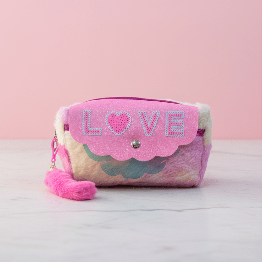 Cute LOVE Plush Pencil Pouch for GirlsPencil PouchCRAFTY CUDDLEPink pouch with 'LOVE' text on a light pink backgroundMulticolorCuteStationery PlushPouch GirlsAccessories PastelAesthetic SchoolEssentials KawaiiStyle TrendyKids BackToSchool PencilCaseLove GiftForGirls