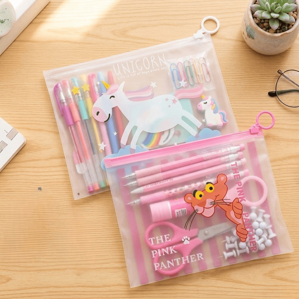 Cute Mini Cartoon Zipper PouchPencil PouchCrafty CuddleTwo clear pouches with stationery items on a wooden surface, featuring cartoon characters.1MiniPouch CuteStationery CartoonPouch KidsPouch CoinPouch StationeryLovers CuteAccessories KidsStationery SmallOrganizer KawaiiStationery