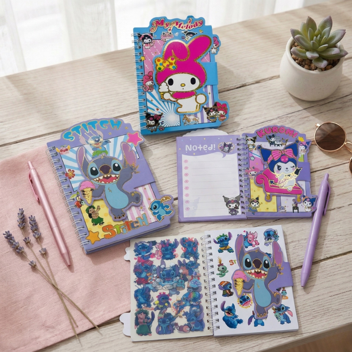 Cute Mini Diary with Sticker BookDiaryCrafty CuddleNotebooks with cartoon character designs on a wooden surface with a plant and pen.StitchMiniDiary CuteStationery KidsNotebook StickerBook KawaiiStationery KidsStationery CartoonNotebook StationeryAddict CuteNotebooks StationeryLovers
