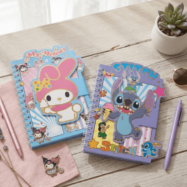 Cute Mini Diary with Sticker BookDiaryCrafty CuddleTwo colorful notebooks featuring cartoon characters on a wooden table.StitchMiniDiary CuteStationery KidsNotebook StickerBook KawaiiStationery KidsStationery CartoonNotebook StationeryAddict CuteNotebooks StationeryLovers