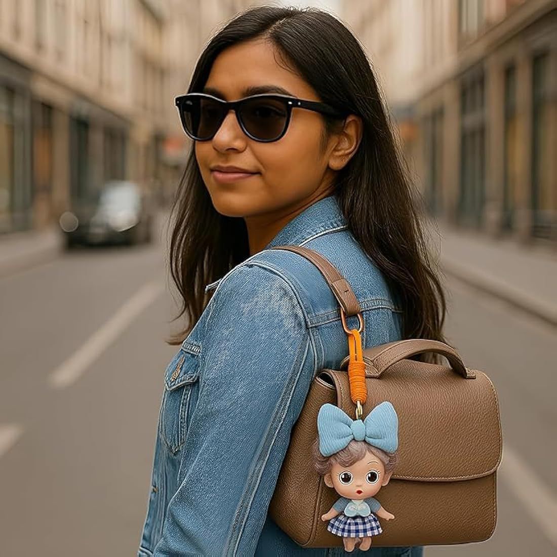 Cute Mini Doll Keychain for GirlsKeychainsCRAFTY CUDDLEWoman wearing sunglasses and a denim jacket with a brown handbag featuring a blue doll charm on a city street.Pink Dress DollDollKeychain CuteAccessories GirlsAccessories BagCharm ReturnGiftIdeas KidsFashion KawaiiStyle PrincessTheme BirthdayReturnGift MiniDoll