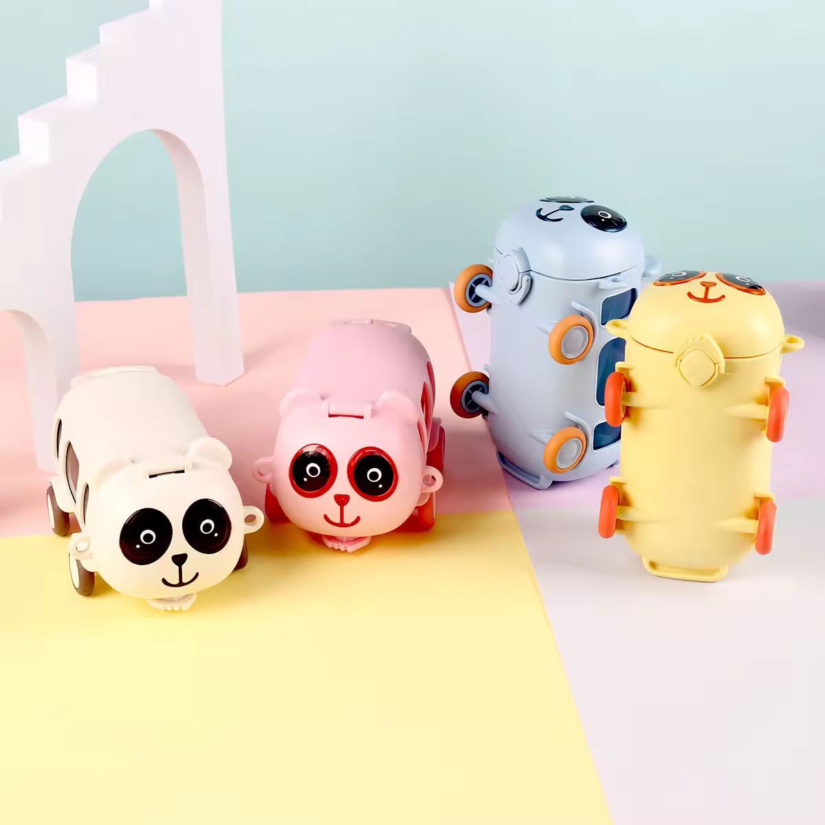 Cute Panda Kids Trolley Water BottleLeakproof Water BottlesCRAFTY CUDDLEFour colorful animal - themed water bottles on a pastel backgroundBlueKidsWaterBottle PandaBottle TrolleyBottle CartoonWaterBottle SchoolBottle StrawSipperBottle LeakproofBottle CuteKidsAccessories BackToSchoolEssentials KidsGiftIdeas