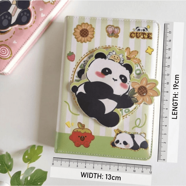 Cute Panda Theme Diary for Kids &amp; TeensDiaryCrafty CuddleNotebook with panda design and decorative elements, next to a ruler for size reference.PandaDiary KawaiiStationery CuteNotebook PandaLovers JournalNotebook AestheticDiary KidsStationery DiaryForGirls CuteJournal StationeryAddictStationeryAddict
