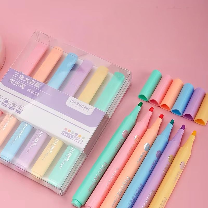 Cute Pastel Highlighter Pack – 6 ShadesCRAFTY CUDDLESet of colorful highlighters with packaging on a pink background