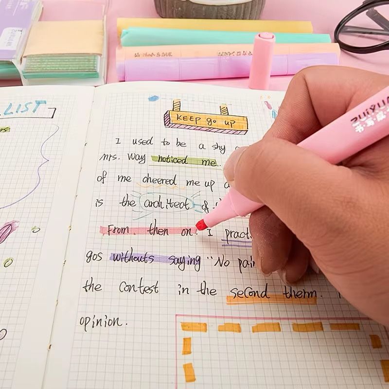 Cute Pastel Highlighter Pack – 6 ShadesCRAFTY CUDDLEHand holding a pink highlighter over a notebook with text and colorful tabs.