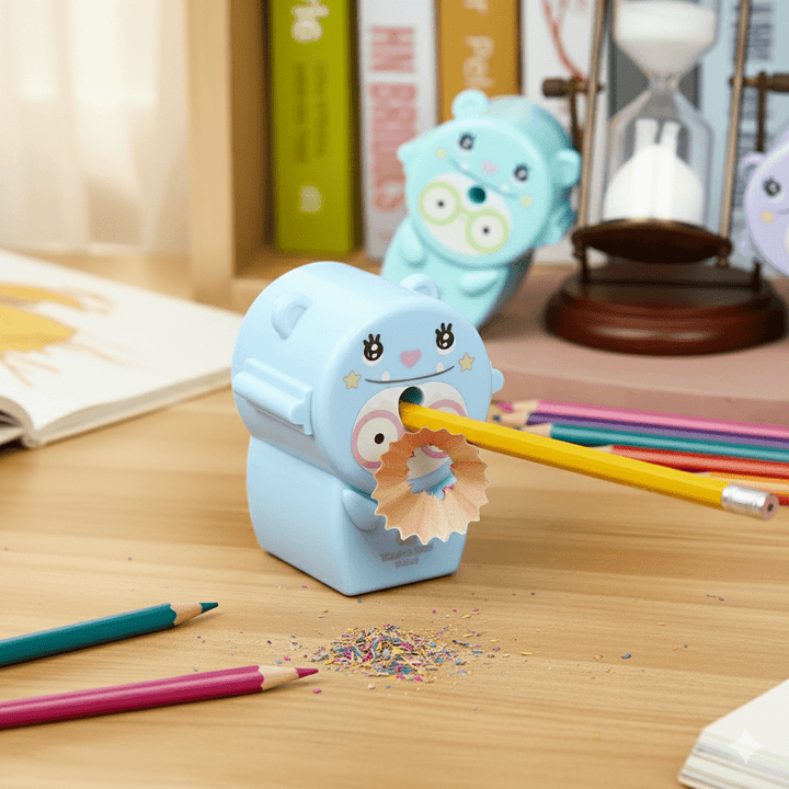 Cute Pastel Pencil Sharpener for KidsStationery > Erasers &amp; SharpenersCRAFTY CUDDLECute blue pencil sharpener with cartoon face on a desk with colorful pencilsSky Blue