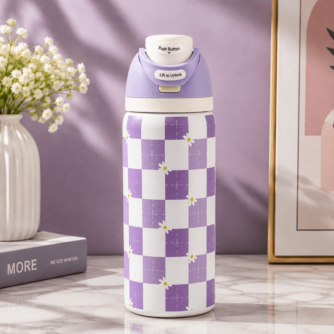 Cute Printed Insulated BottleCartoon Kids Water BottleCrafty CuddleCute Printed Insulated BottlePurple – Check