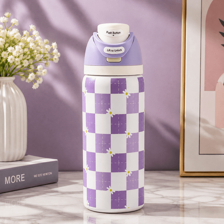 Cute Printed Insulated BottleCartoon Kids Water BottleCrafty CuddleCute Printed Insulated BottlePurple – Check