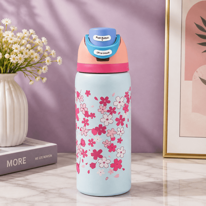 Cute Printed Insulated BottleCartoon Kids Water BottleCrafty CuddleCute Printed Insulated BottleBlue Floral