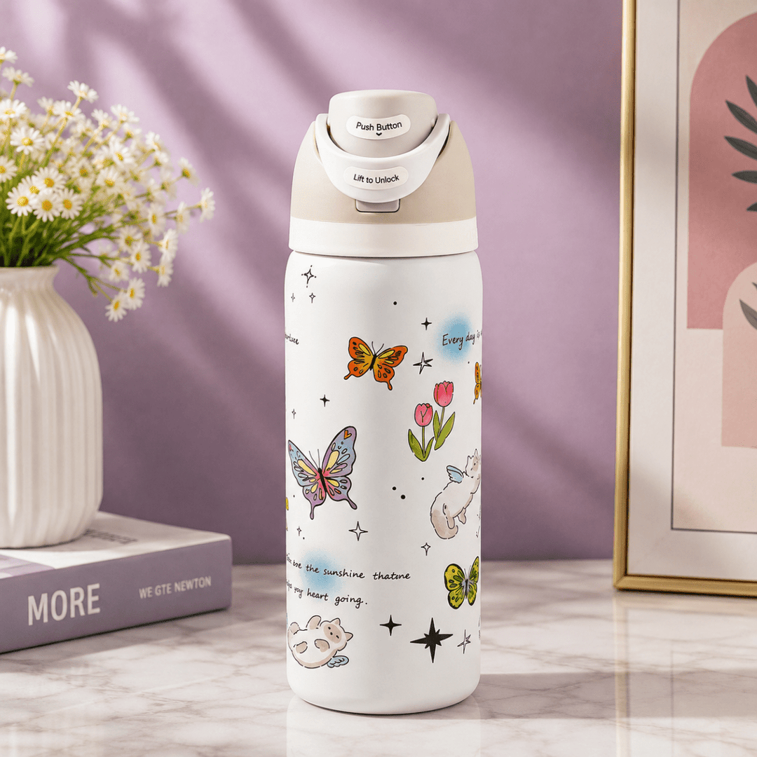 Cute Printed Insulated BottleCartoon Kids Water BottleCrafty CuddleCute Printed Insulated BottleWhite – Butterfly