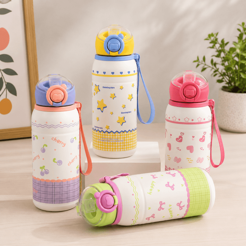 Cute Printed Thermos Bottle with Carry Strap