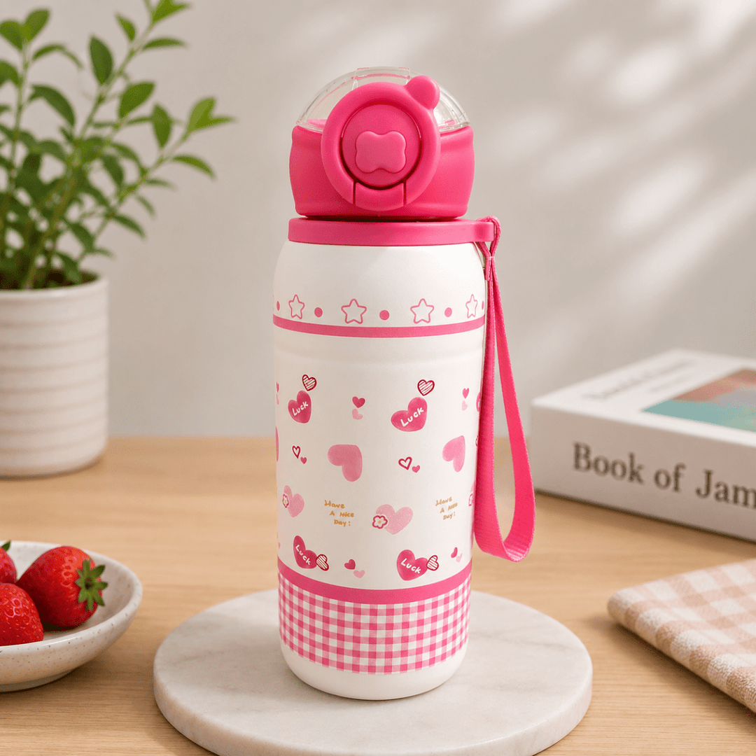 Cute Printed Thermos Bottle with Carry StrapCartoon Kids Water BottleCrafty CuddleCute Printed Thermos Bottle with Carry StrapPink HeartsKidsWaterBottle InsulatedWaterBottle StainlessSteelBottle ThermosBottle SchoolWaterBottle LeakproofBottle StrawBottle KidsEssentials BackToSchool HydrationOnTheGoStationeryAddict