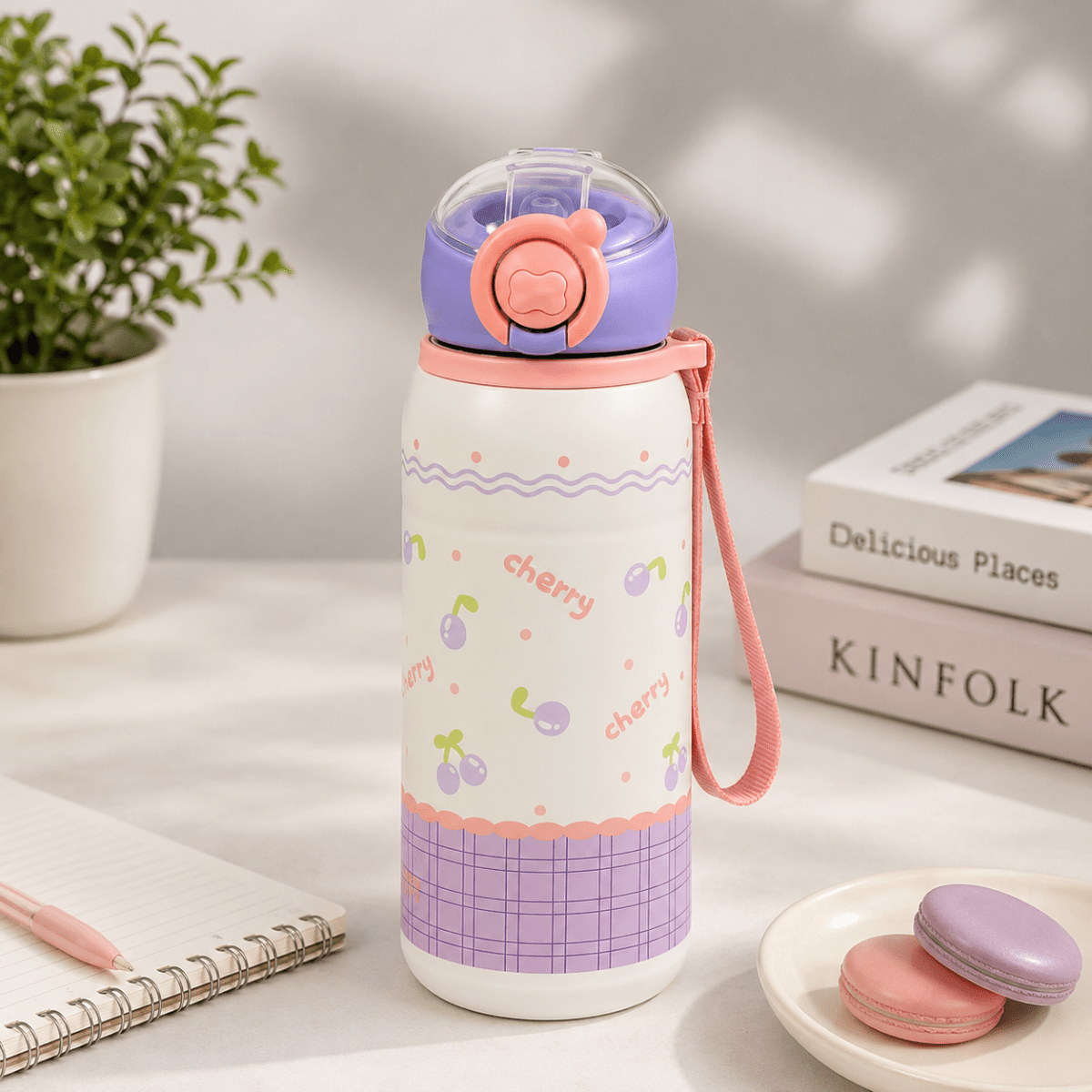 Cute Printed Thermos Bottle with Carry StrapCartoon Kids Water BottleCrafty CuddleCute Printed Thermos Bottle with Carry StrapPurple CherryKidsWaterBottle InsulatedWaterBottle StainlessSteelBottle ThermosBottle SchoolWaterBottle LeakproofBottle StrawBottle KidsEssentials BackToSchool HydrationOnTheGoStationeryAddict