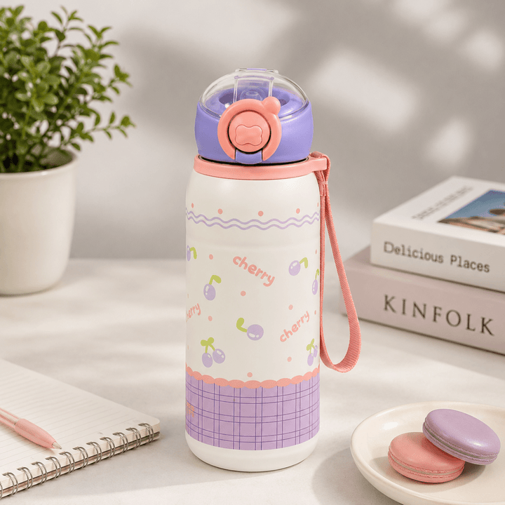 Cute Printed Thermos Bottle with Carry StrapCartoon Kids Water BottleCrafty CuddleCute Printed Thermos Bottle with Carry StrapPurple CherryKidsWaterBottle InsulatedWaterBottle StainlessSteelBottle ThermosBottle SchoolWaterBottle LeakproofBottle StrawBottle KidsEssentials BackToSchool HydrationOnTheGoStationeryAddict