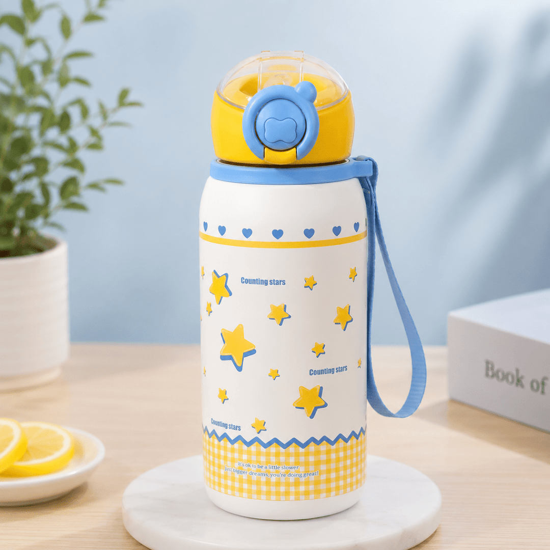 Cute Printed Thermos Bottle with Carry StrapCartoon Kids Water BottleCrafty CuddleCute Printed Thermos Bottle with Carry StrapYellow StarsKidsWaterBottle InsulatedWaterBottle StainlessSteelBottle ThermosBottle SchoolWaterBottle LeakproofBottle StrawBottle KidsEssentials BackToSchool HydrationOnTheGoStationeryAddict