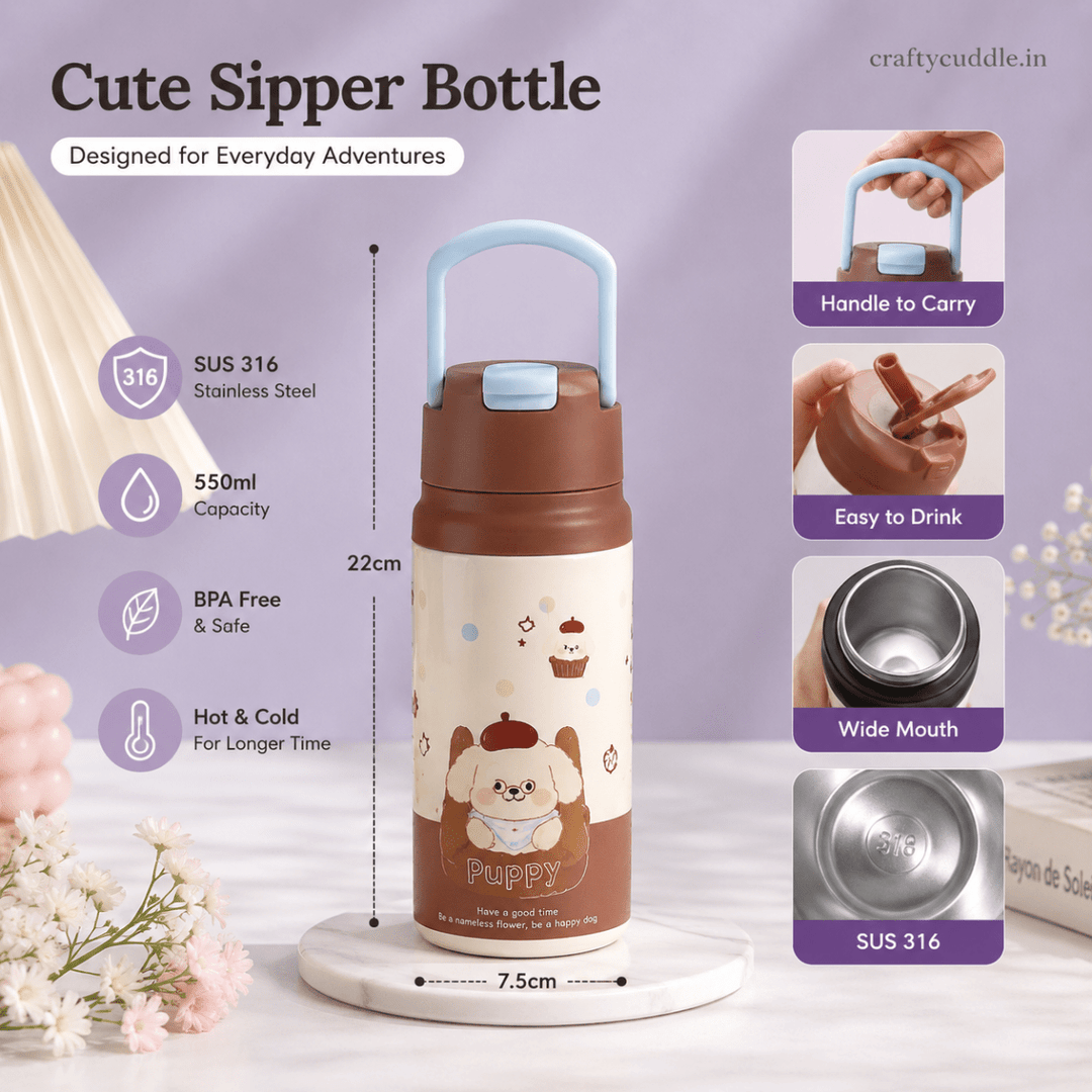 Cute Puppy 550ml Stainless Steel Sipper BottleCartoon Kids Water BottleCrafty CuddleCute Puppy 550ml Stainless Steel Sipper BottleBrownStationeryAddict KidsWaterBottle WaterBottleForSchool Stain