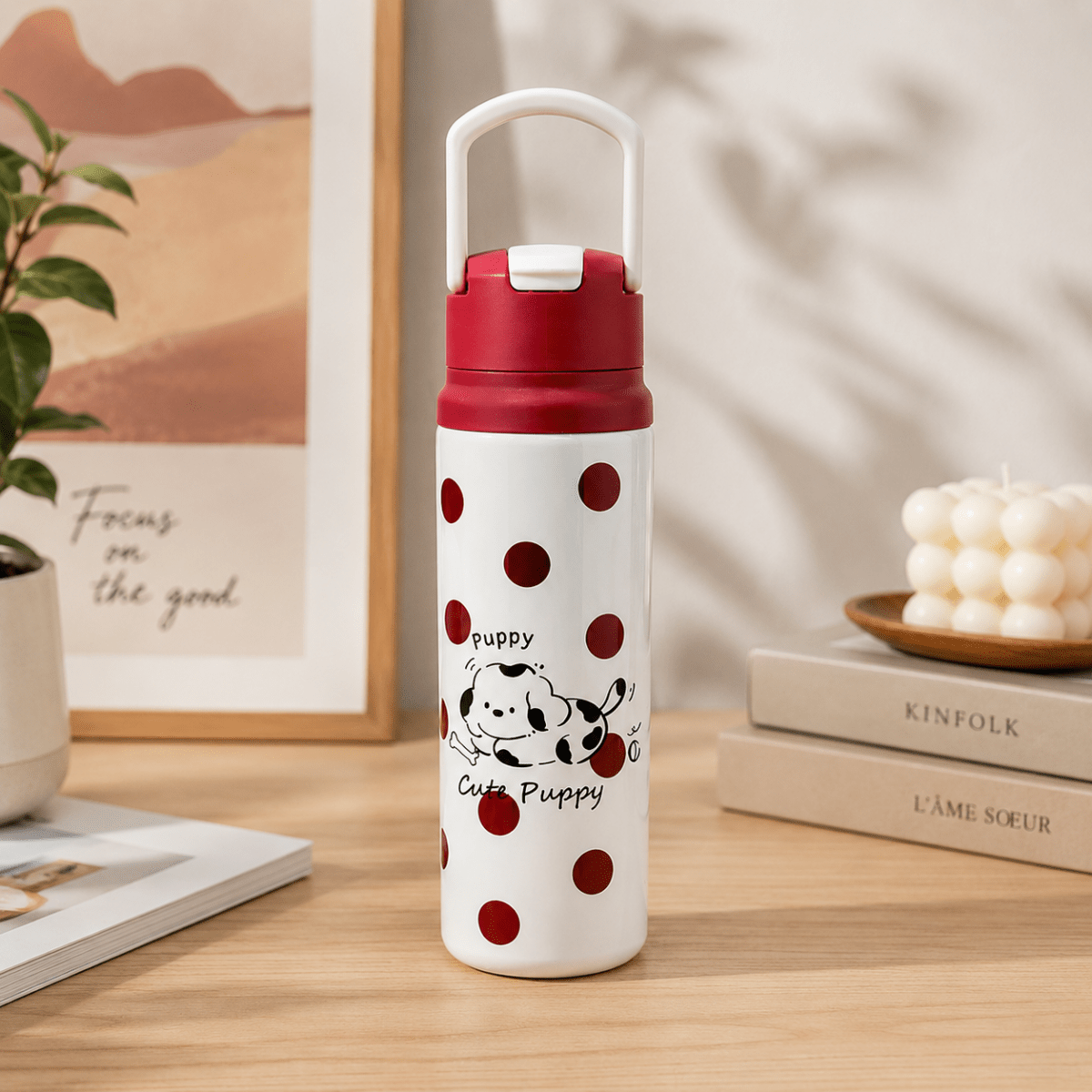 Cute Puppy Design Water BottleCartoon Kids Water BottleCrafty CuddleWhite water bottle with red polka dots and a red cap on a wooden surface.RedKidsWaterBottle WaterBottleForSchool StainlessSteelBottle InsulatedWaterBottle StrawSipperBottle CuteWaterBottle SchoolEssentials KidsAccessories PuppyWaterBottle HydrationOnTheGoStationeryAddict
