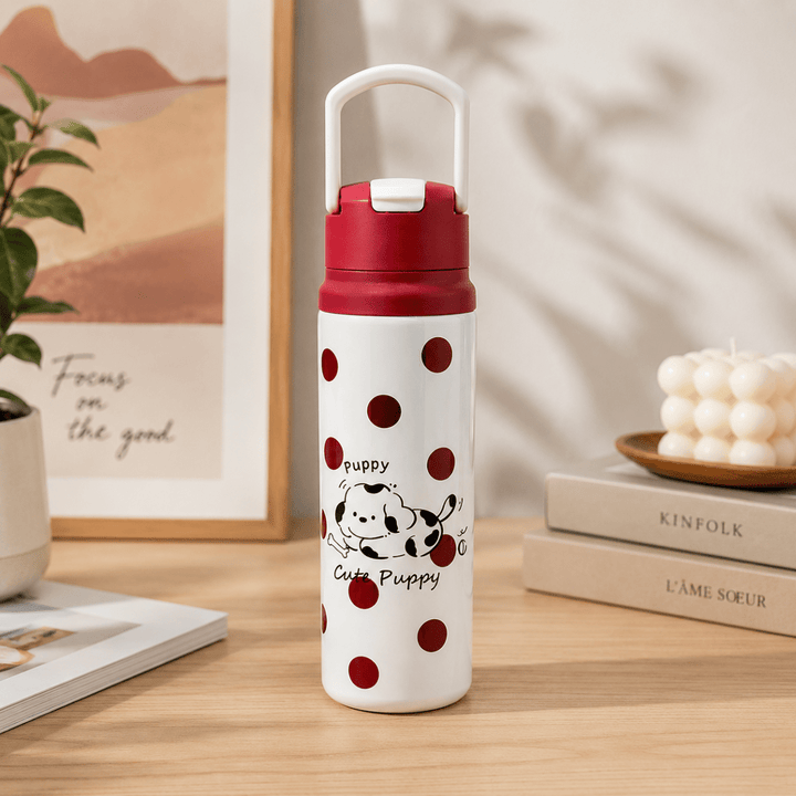 Cute Puppy Design Water BottleCartoon Kids Water BottleCrafty CuddleWhite water bottle with red polka dots and a red cap on a wooden surface.RedKidsWaterBottle WaterBottleForSchool StainlessSteelBottle InsulatedWaterBottle StrawSipperBottle CuteWaterBottle SchoolEssentials KidsAccessories PuppyWaterBottle HydrationOnTheGoStationeryAddict