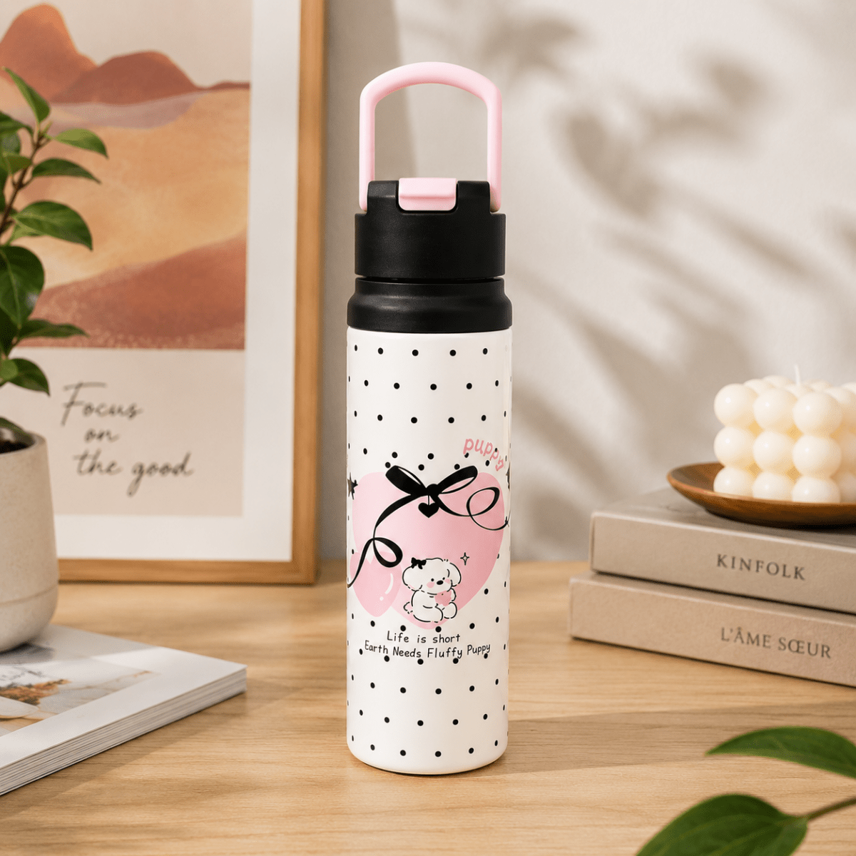 Cute Puppy Design Water BottleCartoon Kids Water BottleCrafty CuddleWhite water bottle with black polka dots and pink accents on a wooden surface.BlackKidsWaterBottle WaterBottleForSchool StainlessSteelBottle InsulatedWaterBottle StrawSipperBottle CuteWaterBottle SchoolEssentials KidsAccessories PuppyWaterBottle HydrationOnTheGoStationeryAddict
