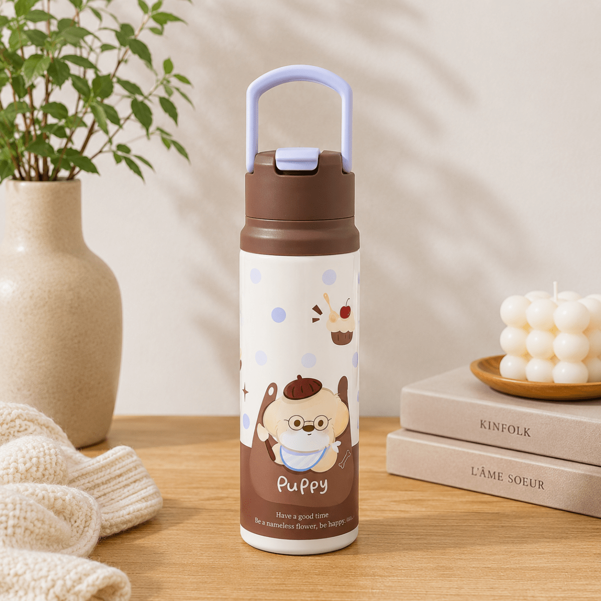 Cute Puppy Design Water BottleCartoon Kids Water BottleCrafty CuddleIllustrated water bottle with a cartoon dog design on a wooden surface.BrownKidsWaterBottle WaterBottleForSchool StainlessSteelBottle InsulatedWaterBottle StrawSipperBottle CuteWaterBottle SchoolEssentials KidsAccessories PuppyWaterBottle HydrationOnTheGoStationeryAddict