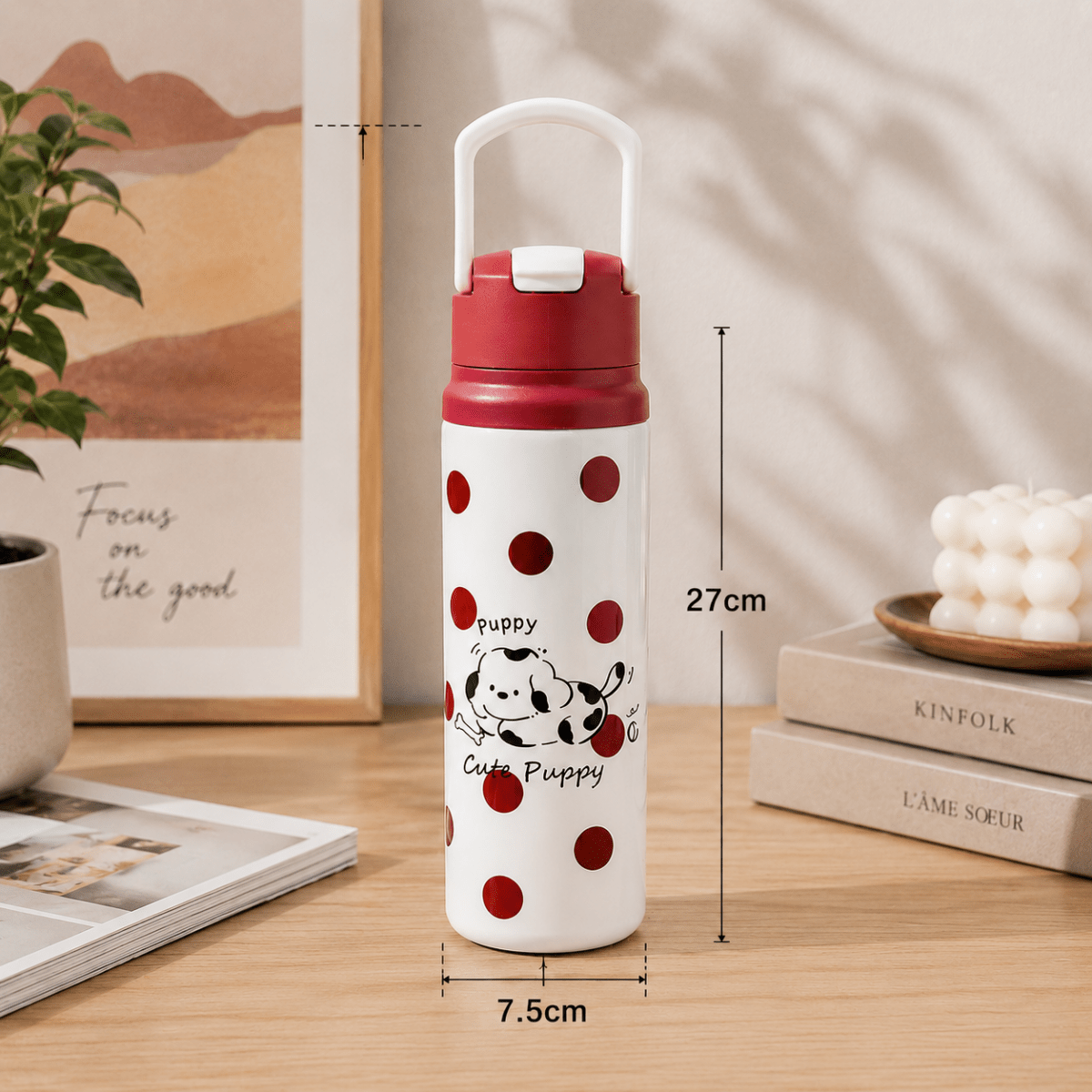 Cute Puppy Design Water BottleCartoon Kids Water BottleCrafty CuddleWhite water bottle with red polka dots and puppy design on a wooden surface.BrownKidsWaterBottle WaterBottleForSchool StainlessSteelBottle InsulatedWaterBottle StrawSipperBottle CuteWaterBottle SchoolEssentials KidsAccessories PuppyWaterBottle HydrationOnTheGoStationeryAddict