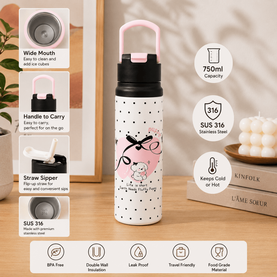 Cute Puppy Design Water BottleCartoon Kids Water BottleCrafty CuddleWhite water bottle with black polka dots and pink lid on a wooden surface with product features displayed.BrownKidsWaterBottle WaterBottleForSchool StainlessSteelBottle InsulatedWaterBottle StrawSipperBottle CuteWaterBottle SchoolEssentials KidsAccessories PuppyWaterBottle HydrationOnTheGoStationeryAddict