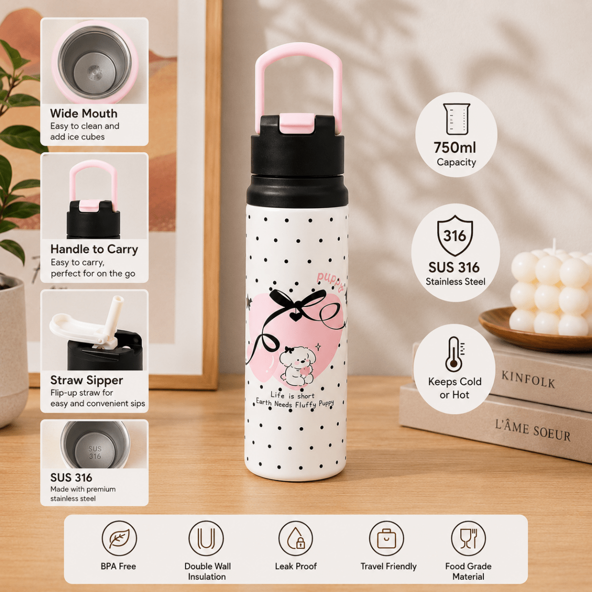 Cute Puppy Design Water BottleCartoon Kids Water BottleCrafty CuddleWhite water bottle with black polka dots and pink lid on a wooden surface with product features displayed.BrownKidsWaterBottle WaterBottleForSchool StainlessSteelBottle InsulatedWaterBottle StrawSipperBottle CuteWaterBottle SchoolEssentials KidsAccessories PuppyWaterBottle HydrationOnTheGoStationeryAddict