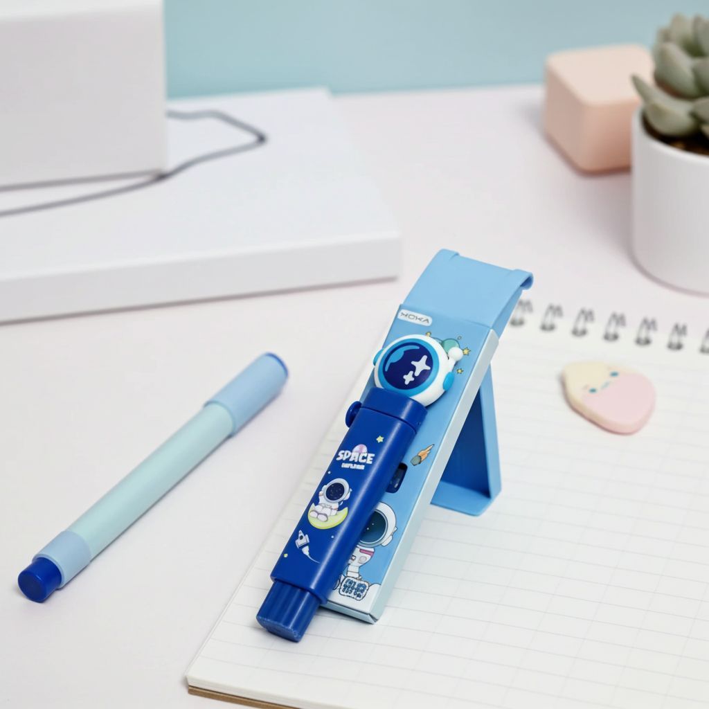 Cute Push - Pull Cartoon Erasers for KidsCRAFTY CUDDLESpace theme push pull eraser on a light surface with a minimal backgroundSpace