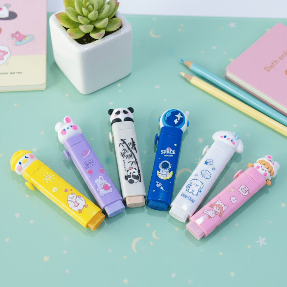 Cute Push - Pull Cartoon Erasers for KidsCrafty CuddleSet of colorful stationery items with cartoon designs on a light green surface.Panda