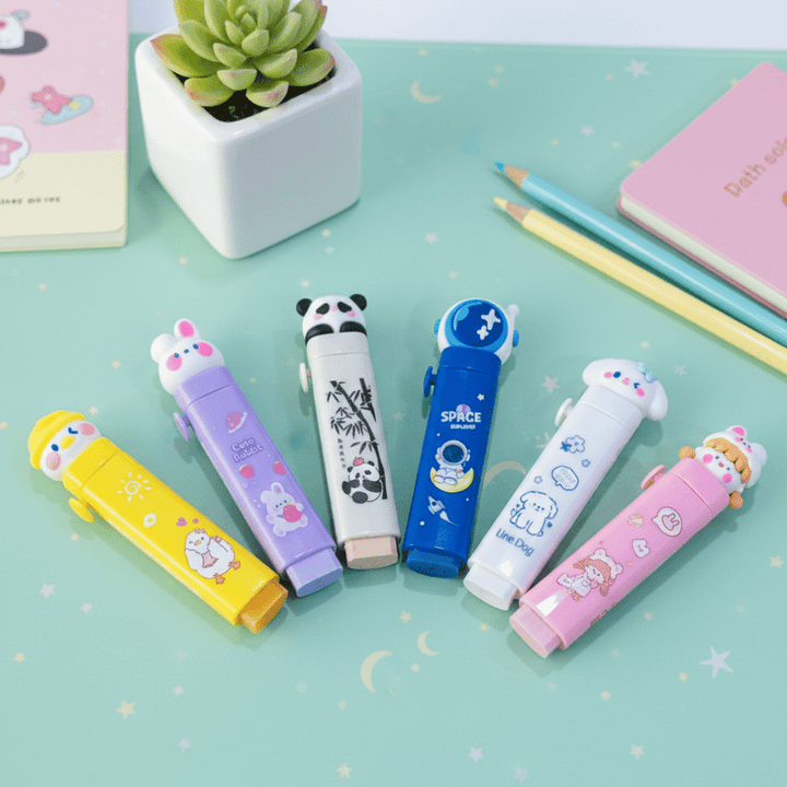 Cute Push - Pull Cartoon Erasers for KidsCrafty CuddleSet of colorful stationery items with cartoon designs on a light green surface.Panda