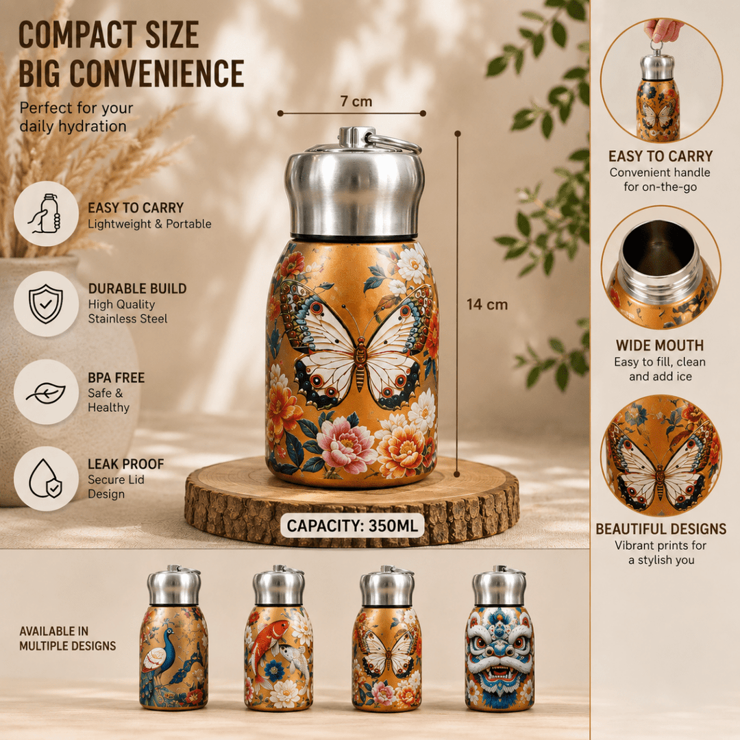 Designer Stainless Steel Water BottleLeakproof Water BottlesCrafty CuddleA compact stainless steel travel tumbler with a butterfly and floral print, shown on a wooden stand with dimensions, feature callouts, and smaller alternate color designs. The main tumbler has a warm orange-gold background with a large butterfly and pink flowers, and the image includes text highlighting portability, durability, wide mouth, BPA-free, and multiple design options.Chinese LionStainlessSteelBottle 350mlBottle De