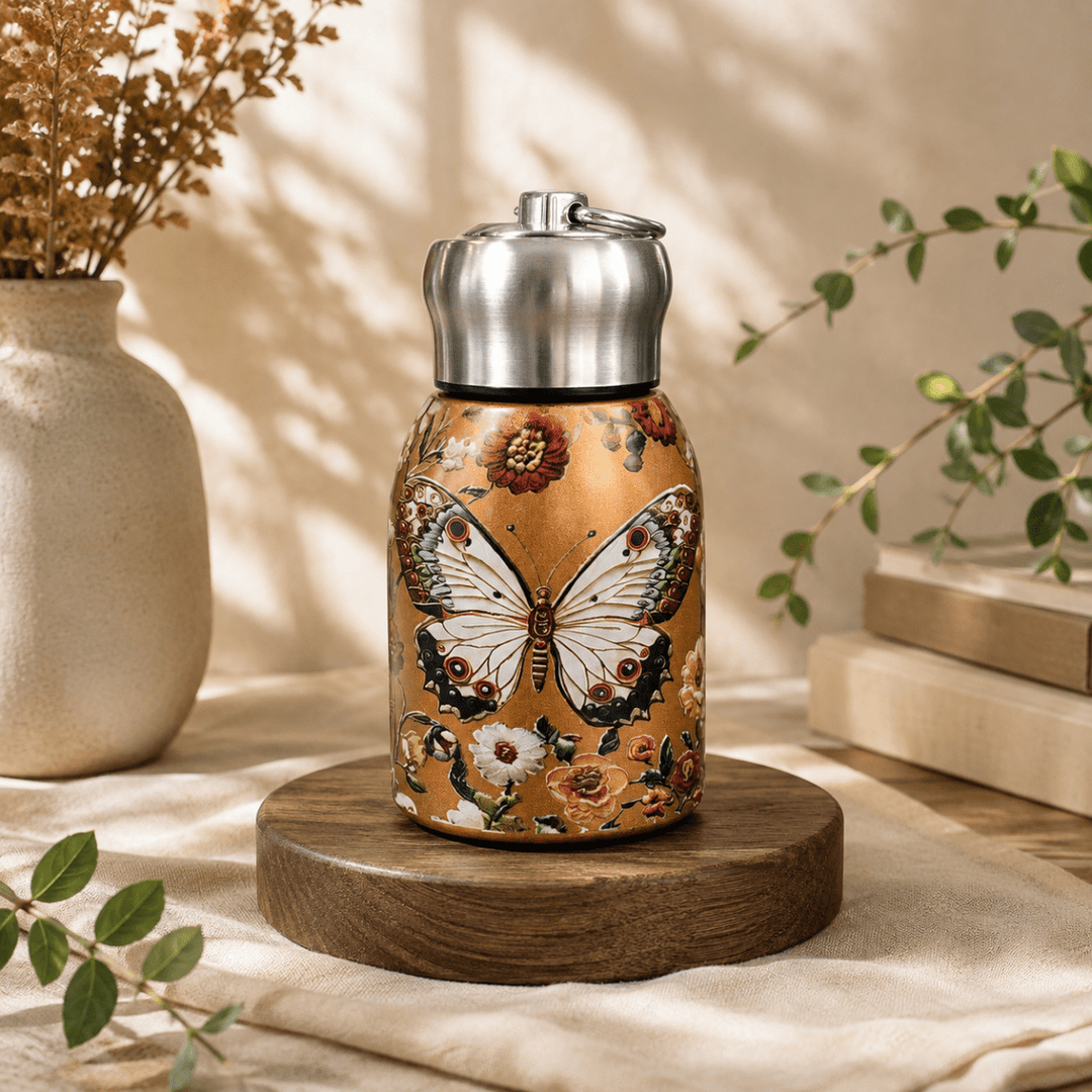 Designer Stainless Steel Water BottleLeakproof Water BottlesCrafty CuddleA decorative insulated bottle with a butterfly and floral print sits on a round wooden pedestal. The bottle has a warm gold-brown base, a large white and black butterfly in the center, and smaller red, green, and cream flowers around it.ButterflyStainlessSteelBottle 350mlBottle DesignerBottle PrintedWaterBottle WaterBottle TravelBottle CompactBottle ReusableBottle PortableBottle DailyHydration