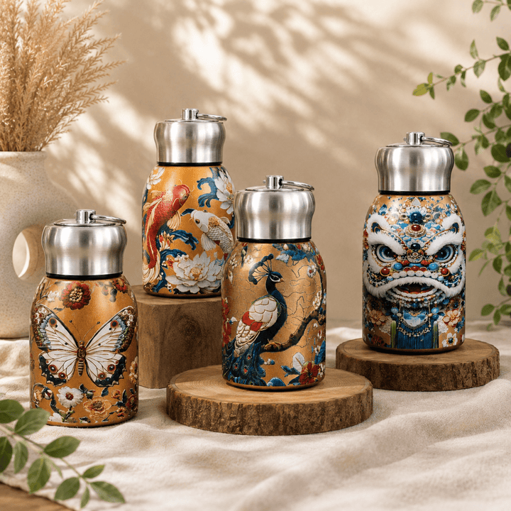Designer Stainless Steel Water BottleLeakproof Water BottlesCrafty CuddleFour decorative insulated tumblers with stainless steel lids are arranged on wooden slices in a styled studio setting. The tumblers feature intricate printed designs: a butterfly, a bird with white flowers, a peacock, and a traditional Chinese lion face.Chinese LionStainlessSteelBottle 350mlBottle DesignerBottle PrintedWaterBottle WaterBottle TravelBottle CompactBottle ReusableBottle PortableBottle DailyHydration