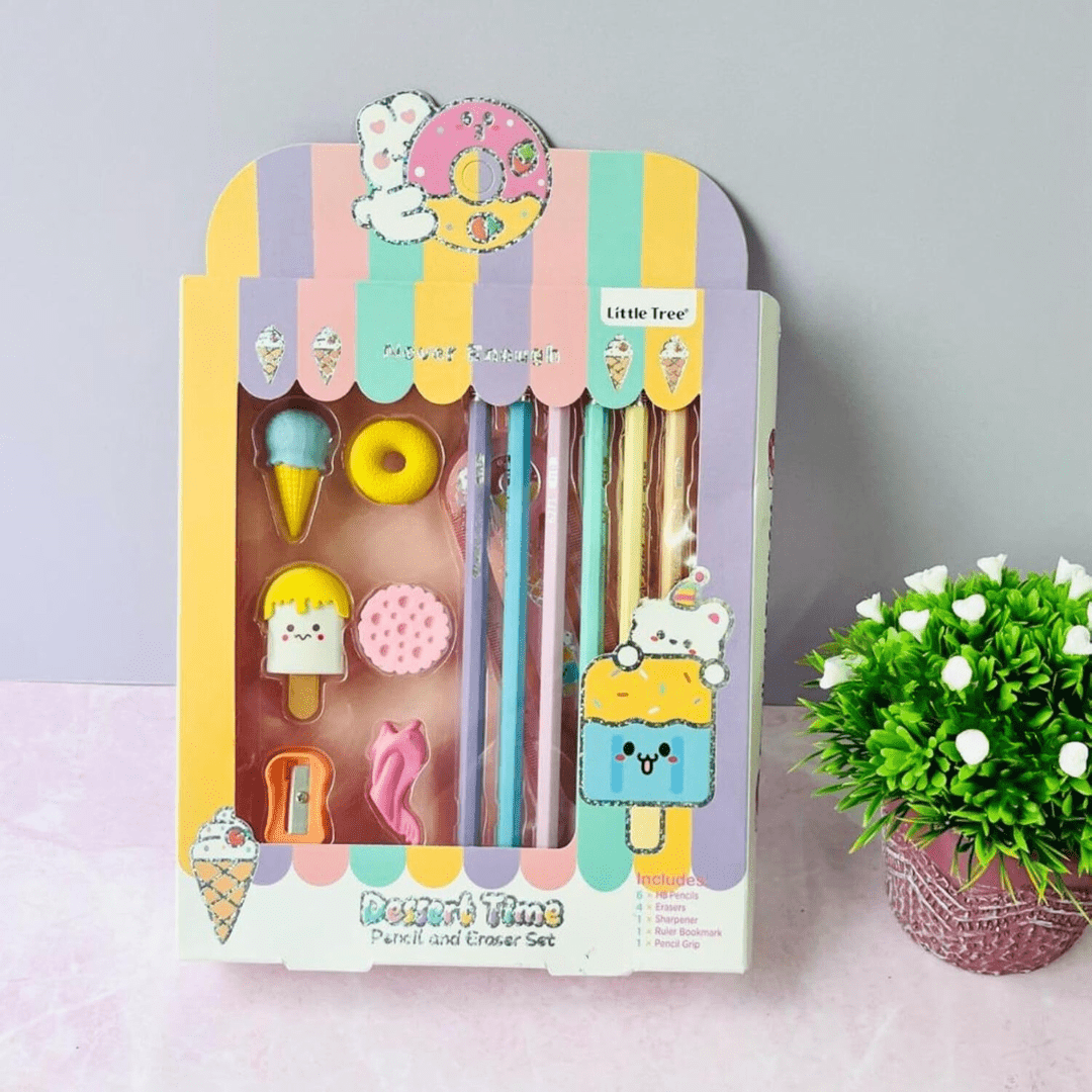 Packaged stationery set with cute designs on a light background