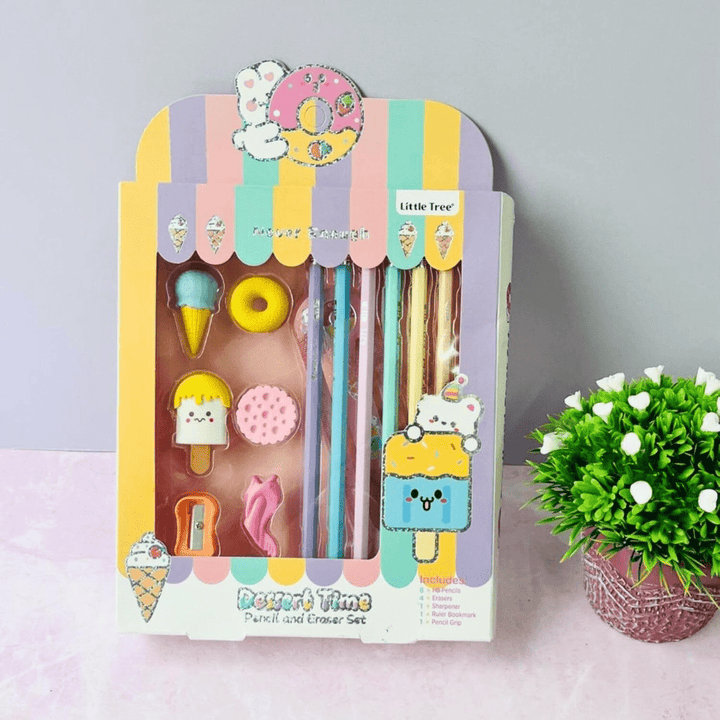 Packaged stationery set with cute designs on a light background