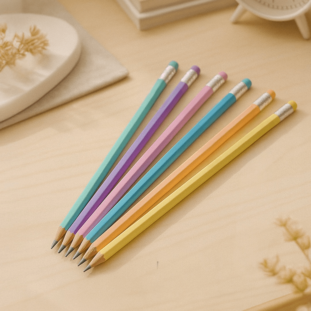 Set of colorful pencils on a beige surface
