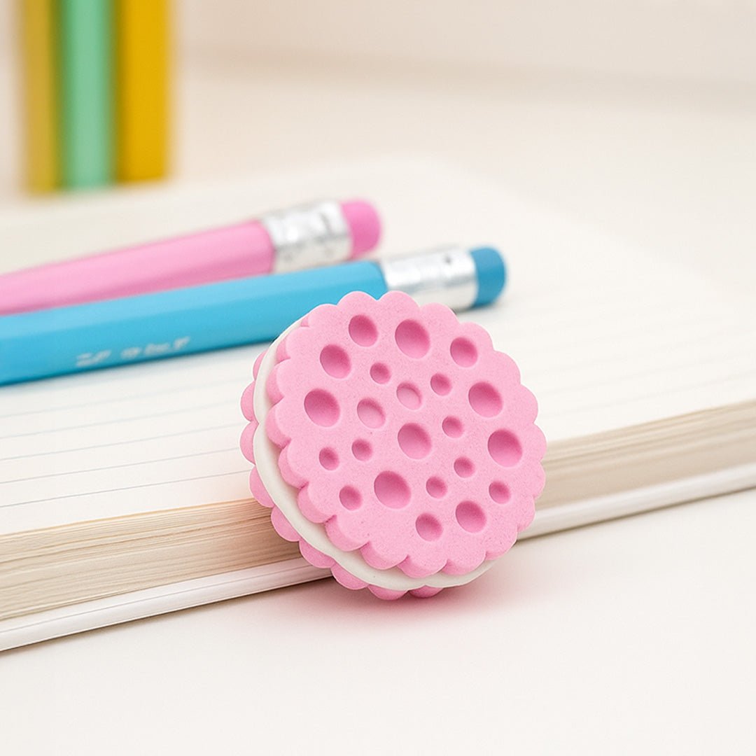 Pink textured pencil eraser on a pencil with colorful pencils in the background