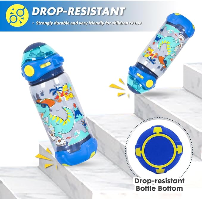 Drop-resistant dinosaur-themed water bottle for kids – BPA-free plastic sipper with fun dino print, anti-spill lid, durable bottom, and adjustable strap, perfect for school or travel.