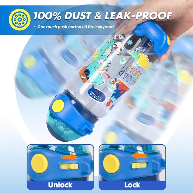 Dinosaur-themed kids water bottle – 100% dust-proof and leak-proof sipper with lock and unlock system, BPA-free plastic, drop-resistant base, fun dino and space design, perfect for school, travel, and outdoor use.