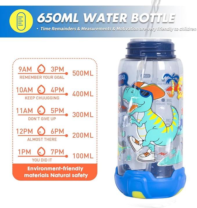 650ml dinosaur-themed kids water bottle with time reminders and measurement markings, one-click open lid for smooth flow, 100% dust-proof and leak-proof, lock and unlock system, BPA-free plastic, drop-resistant base, fun space and dino design, perfect for school, travel, and daily hydration.