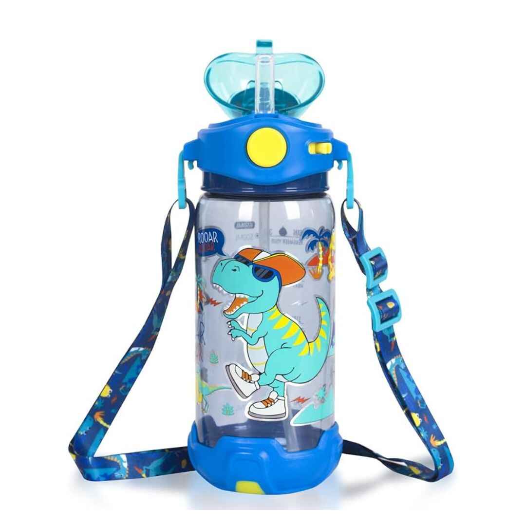 Kids Dinosaur Water Bottle with Strap – Leak-Proof Sipper with Cartoon Print, Detachable Lid and Shoulder Strap – BPA-Free Plastic, Blue Design