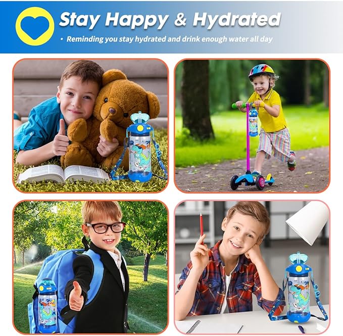 Four scenes showing a blue dinosaur themed kids water bottle: first, a boy hugging a teddy bear with an open book and the bottle beside him; second, a boy riding a cycle with the bottle hanging from the handle; third, a boy carrying a school bag with the bottle in the side pocket; fourth, a boy holding a pencil with the bottle placed near him