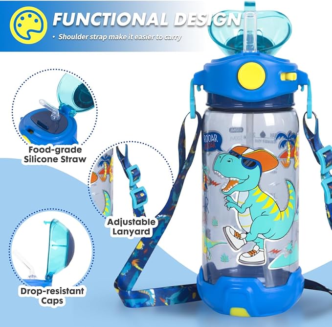 Kids blue dinosaur water bottle with adjustable strap, leak-proof sipper, food-grade silicone straw, drop-resistant caps, and cute cartoon print, made of BPA-free plastic in Blue color.
