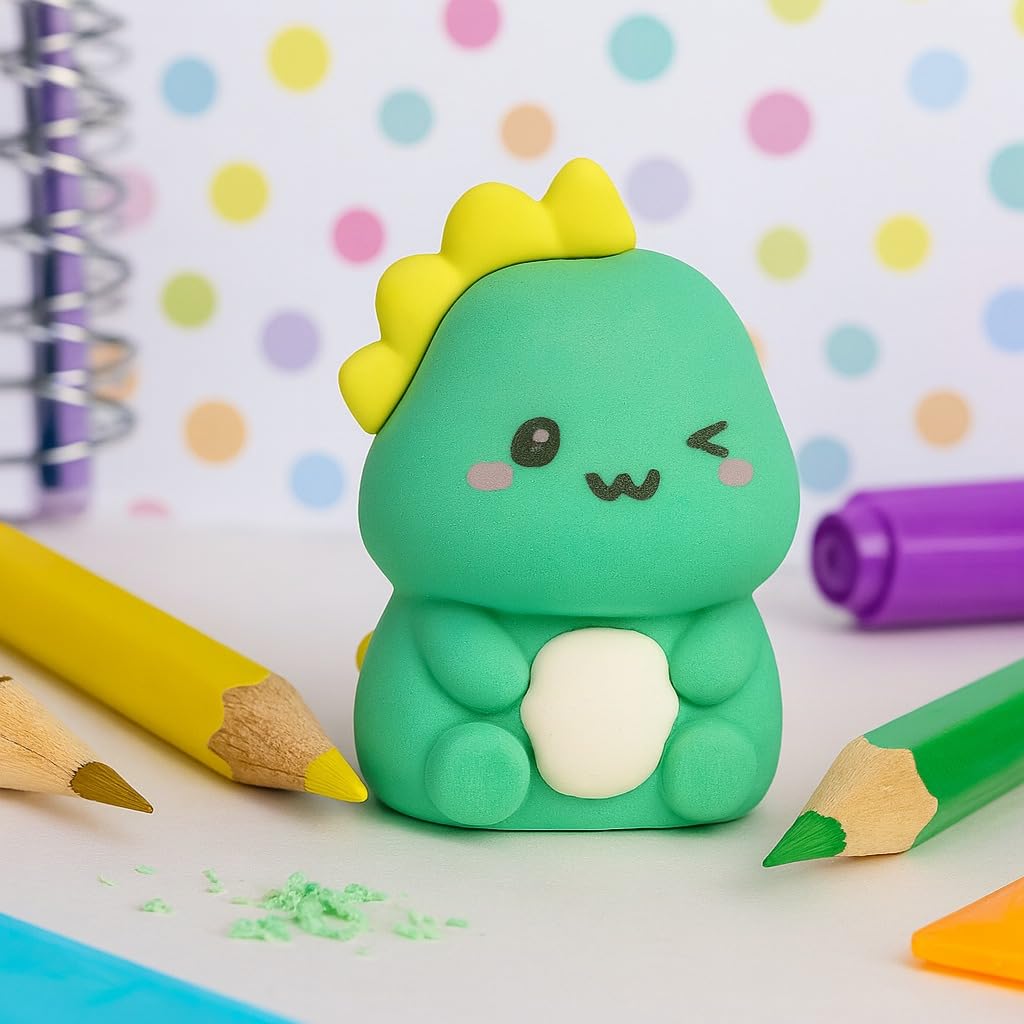 Dinosaur 2 - in - 1 Sharpener and EraserStationery > Erasers & SharpenersCRAFTY CUDDLEGreen dinosaur - shaped eraser with a yellow top on a polka dot background2in1stationerycollectiblestationery